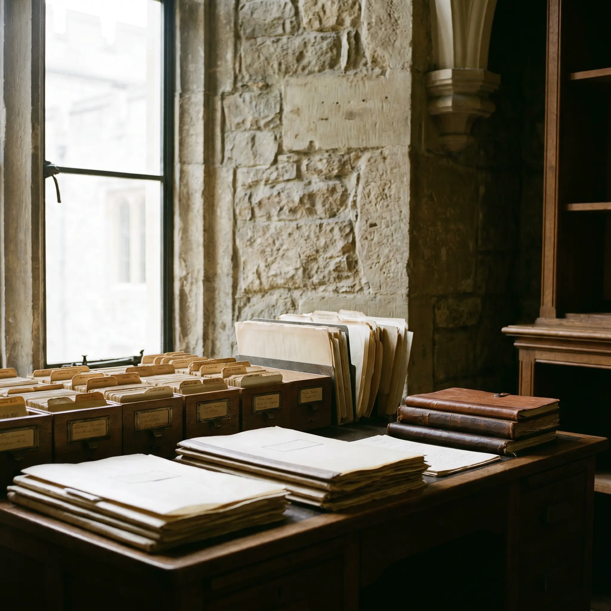 Archival desk with folders, catalog tabs, and stone-textured surroundings