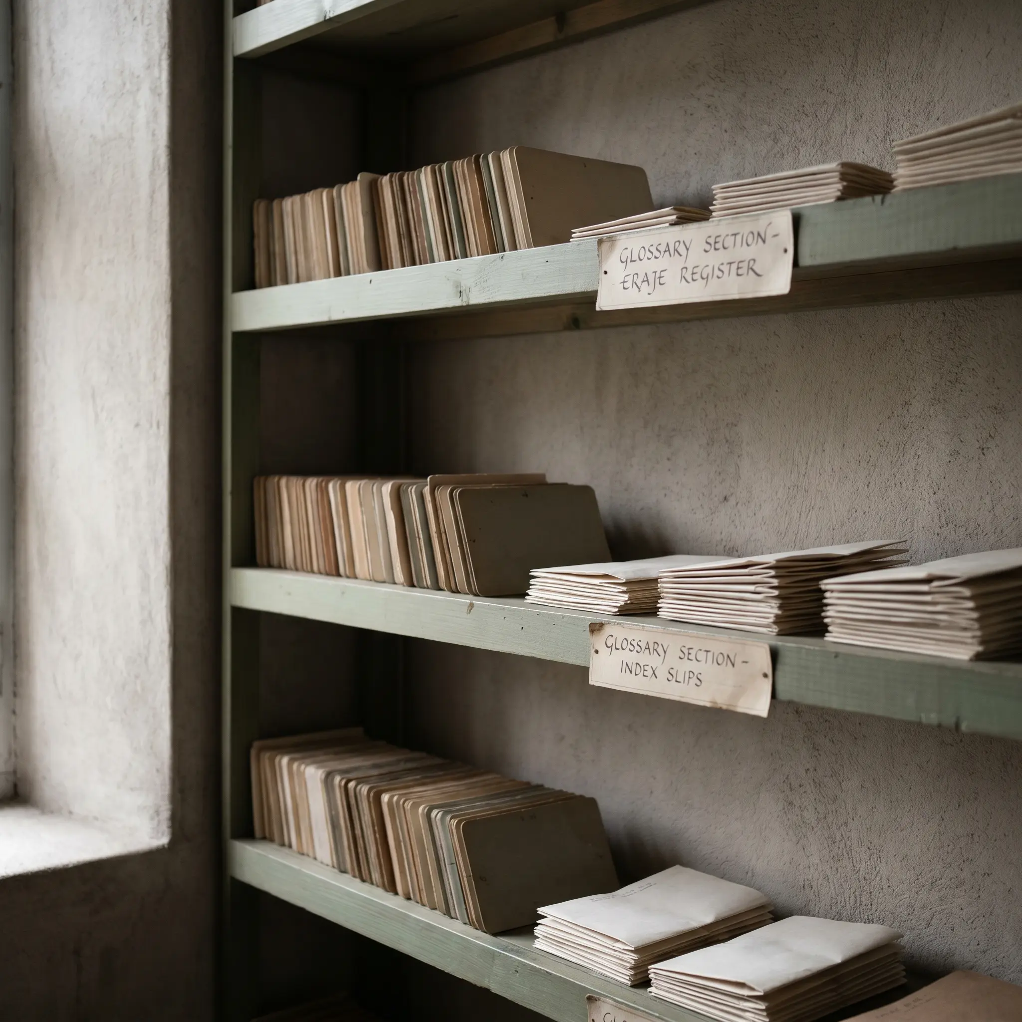 Shelves of sample cards and folded index slips in a quiet documentation room