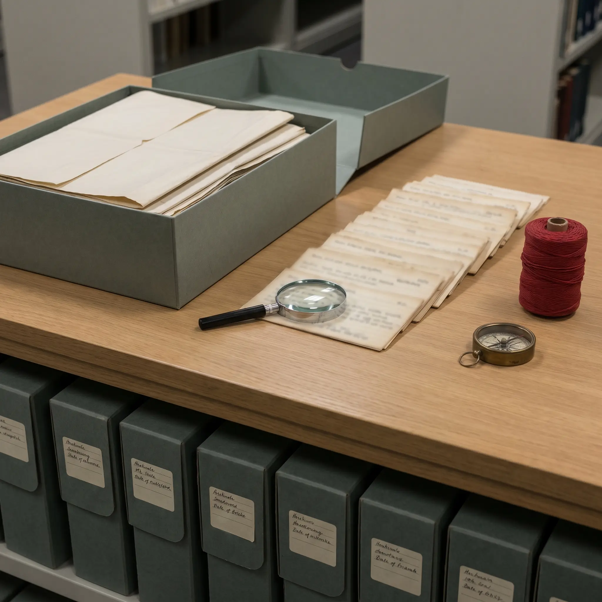 Dossier table with provenance cards, archival boxes, and a red thread line